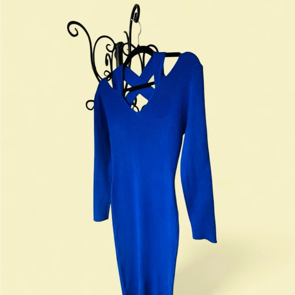 FA Royal Blue Long Sleeve V-Neck Knit Dress with Crisscross Back